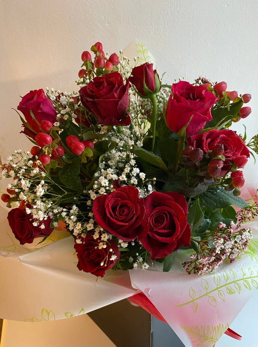 Pembrokeshire Romance. Hand Tied Fresh Red Rose Bouquet