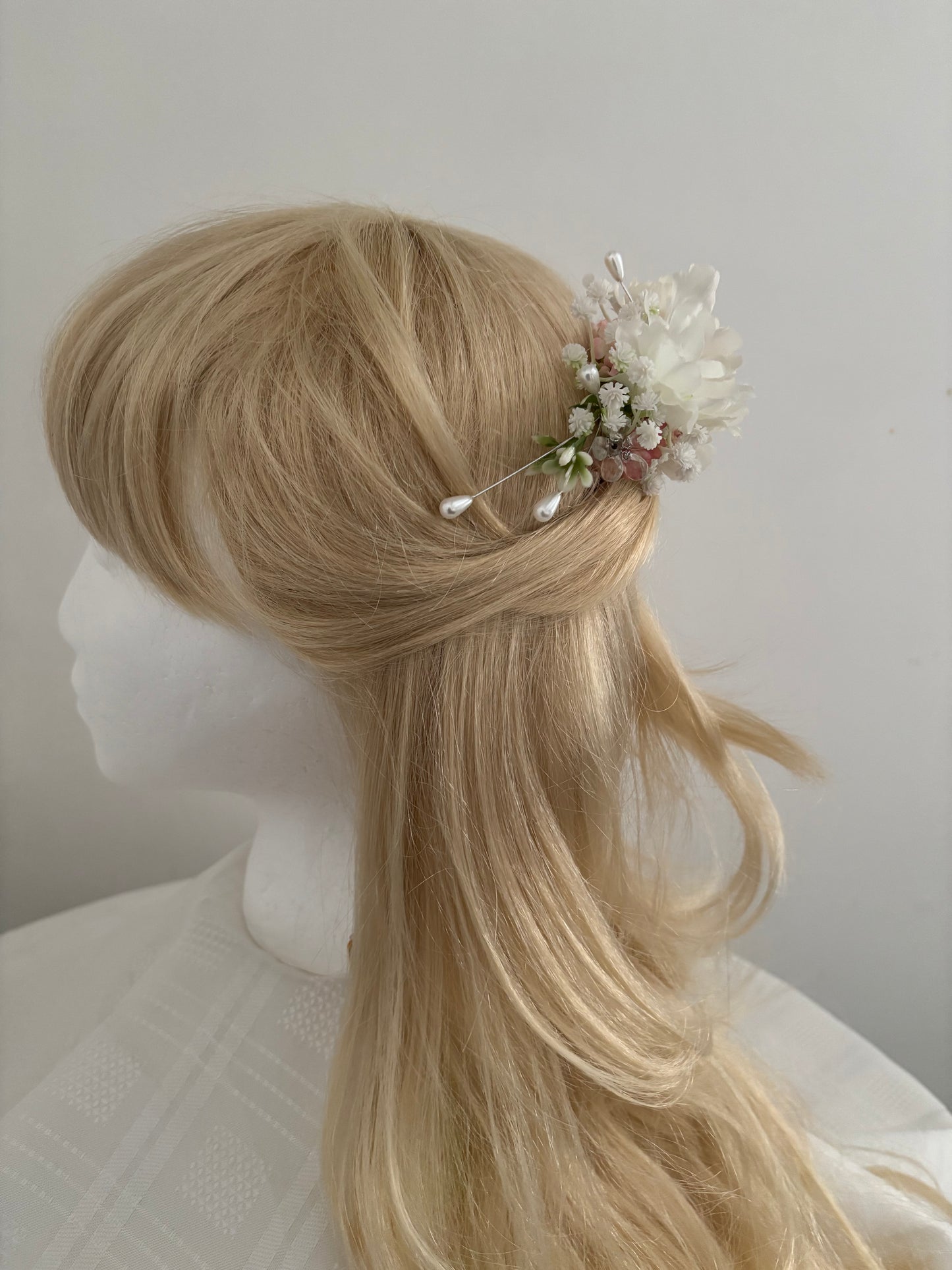 Hair Comb flower accessory. White with hint of pink Wedding silk flower hair comb.