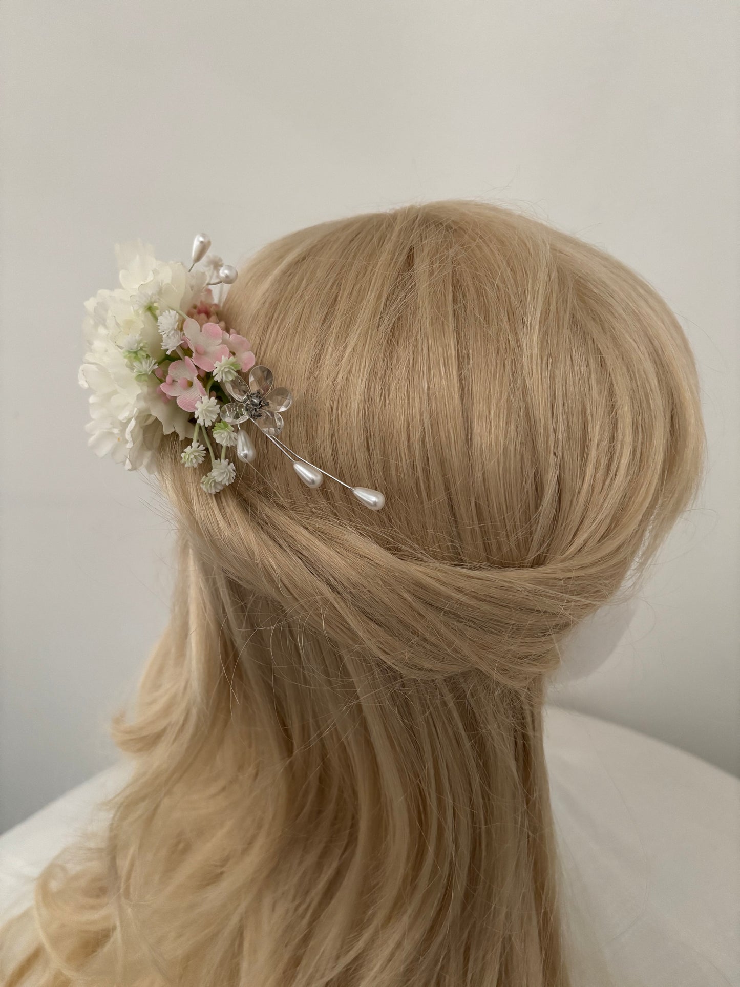 Hair Comb flower accessory. White with hint of pink Wedding silk flower hair comb.