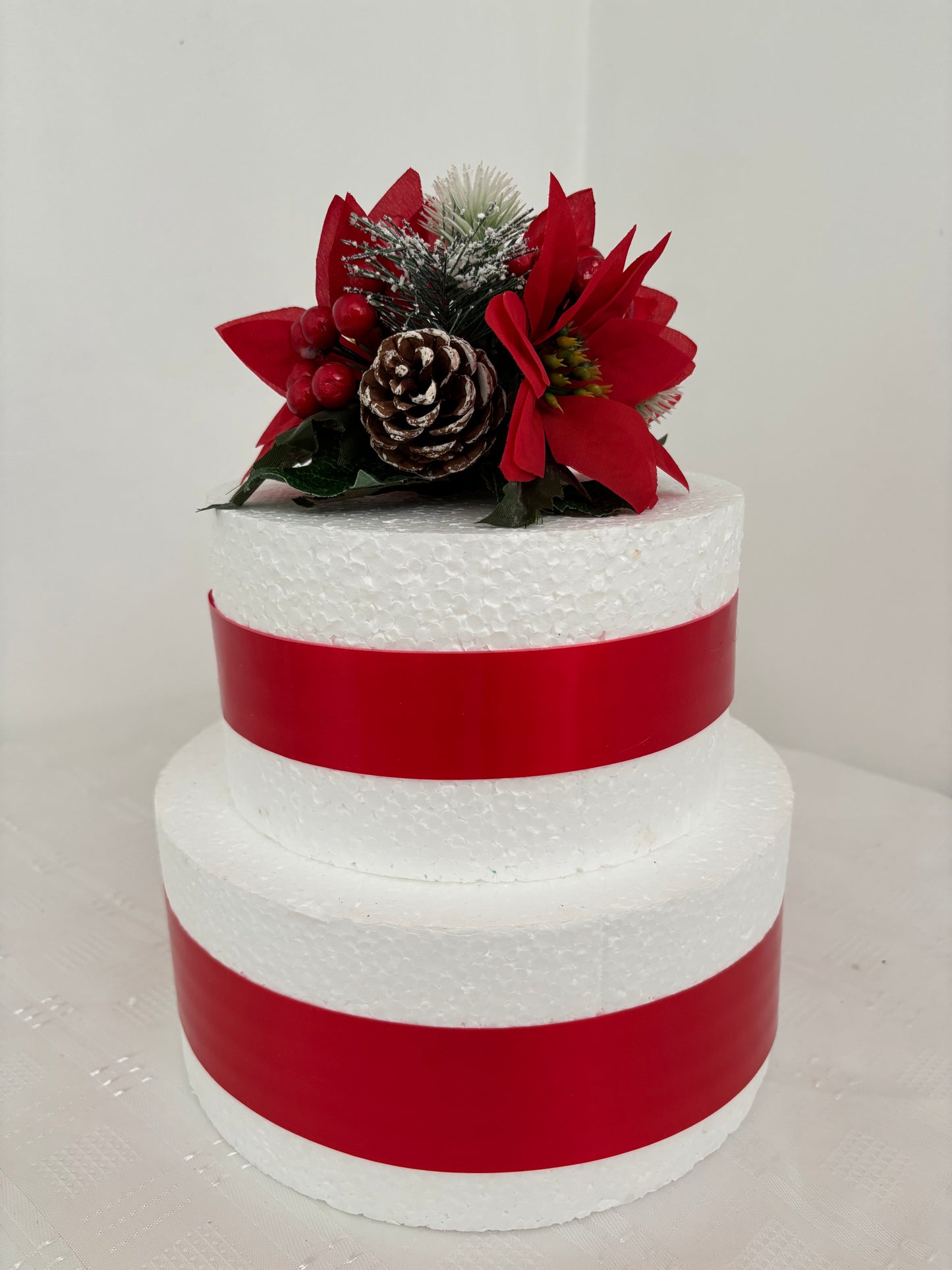 Red Silk Poinsettia flower Pine cone and berry Christmas Cake Topper