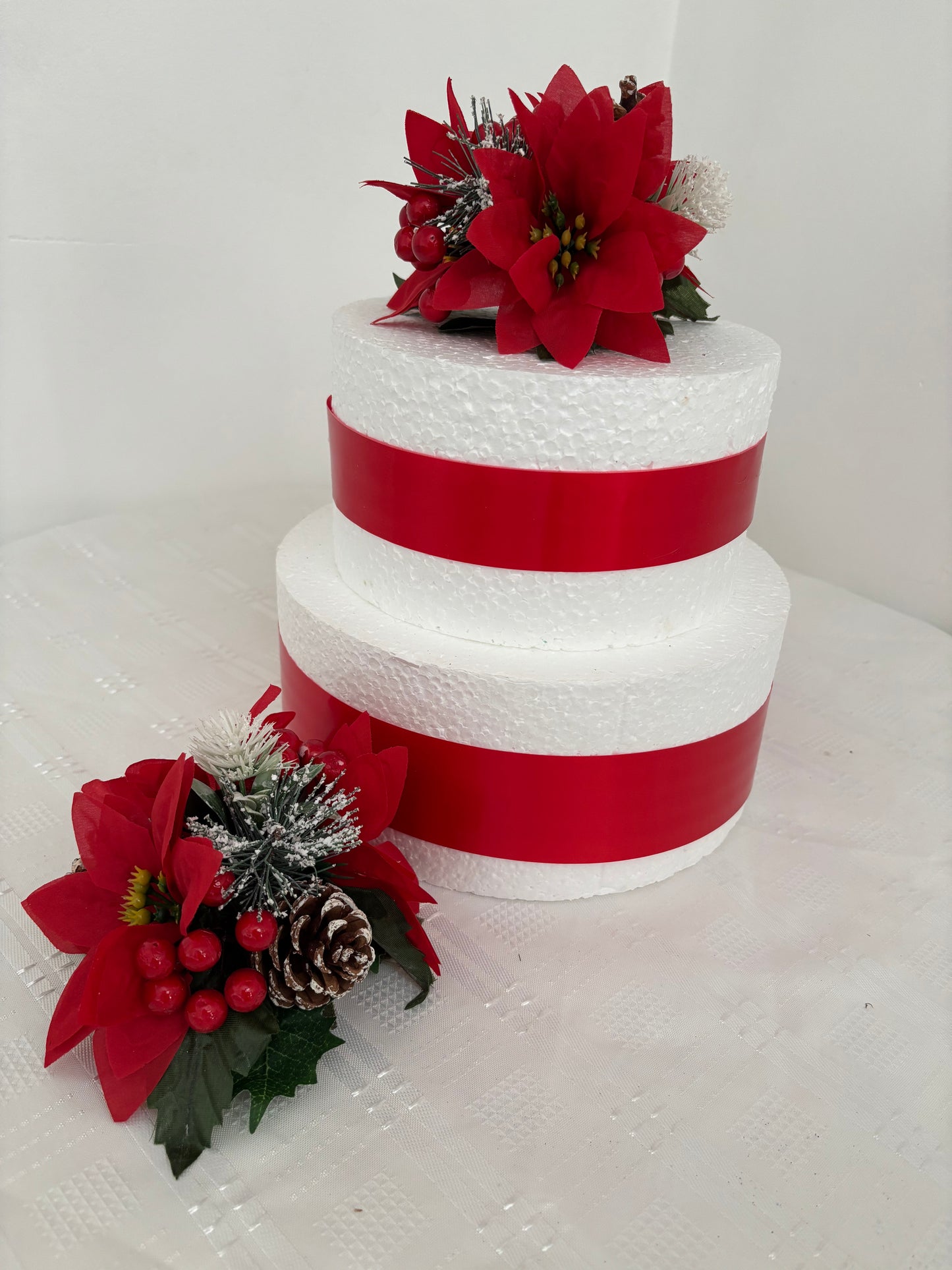Red Silk Poinsettia flower Pine cone and berry Christmas Cake Topper