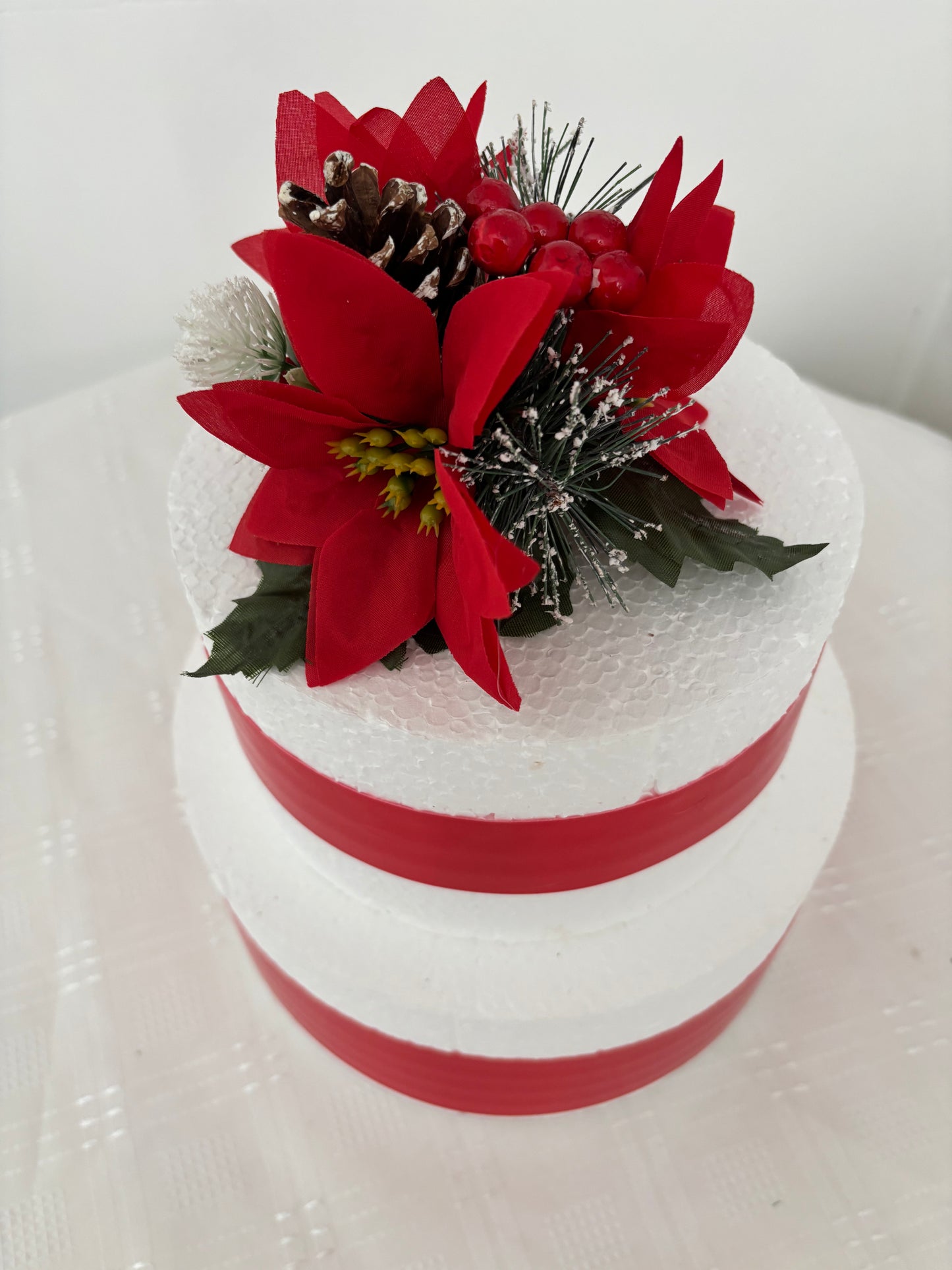 Red Silk Poinsettia flower Pine cone and berry Christmas Cake Topper