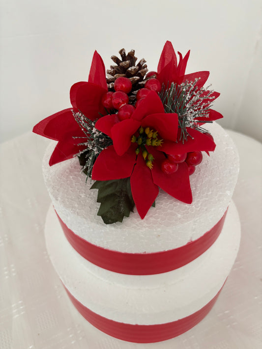 Red Silk Poinsettia flower Pine cone and berry Christmas Cake Topper