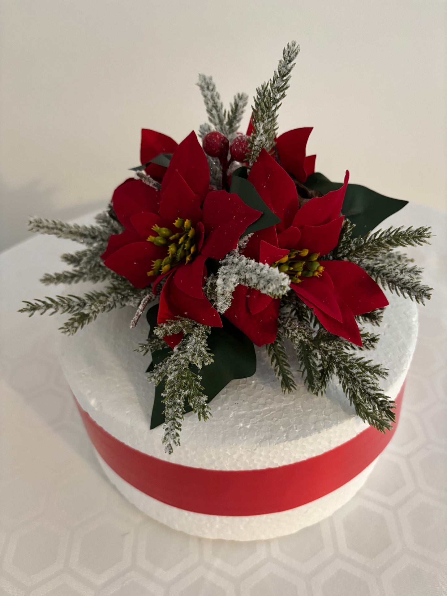 4 Red Silk Poinsettia snowy spruce Christmas Cake Topper Decoration