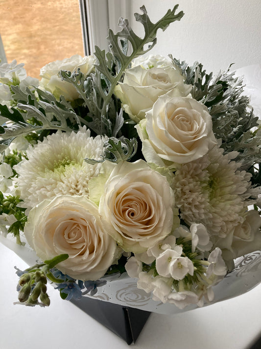 The Cathedral.  A Hand Tied Bouquet of fresh flowers in Neutral shades 