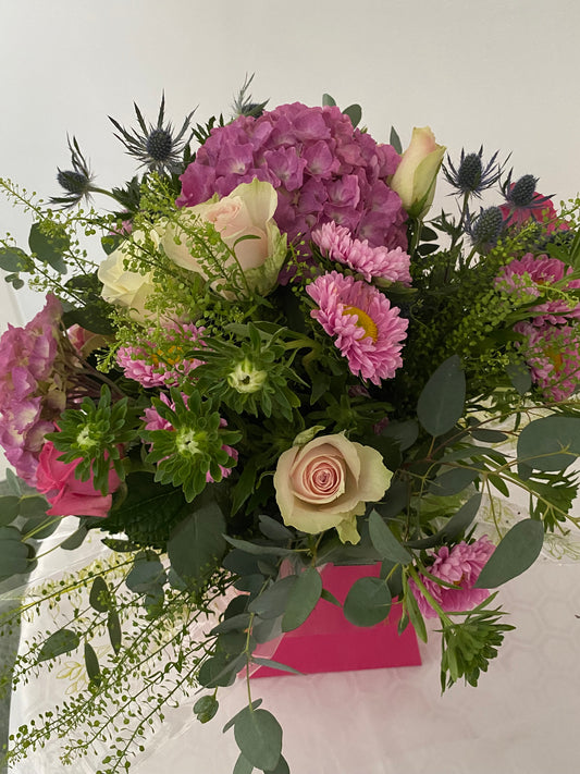 The Solva Garden.  Hand Tied Bouquet of fresh flowers in Shades of Pink.