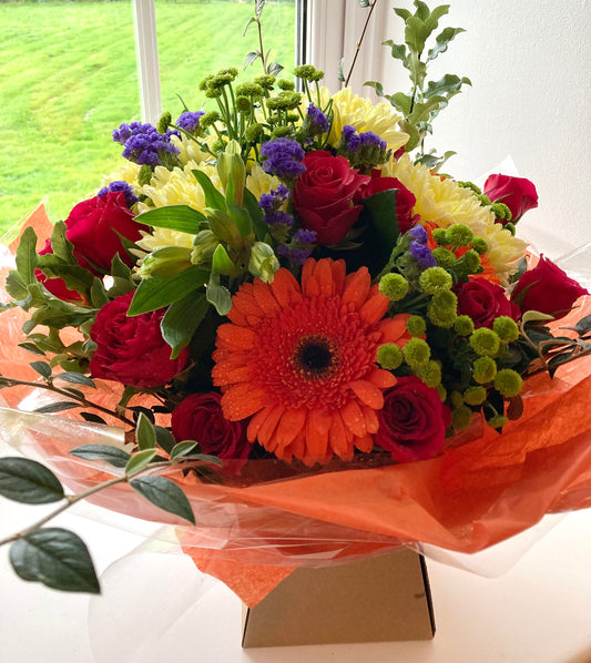The Newgale Treasure.  A Fresh Flower Hand Tied Bouquet in Vibrant mixed colours.