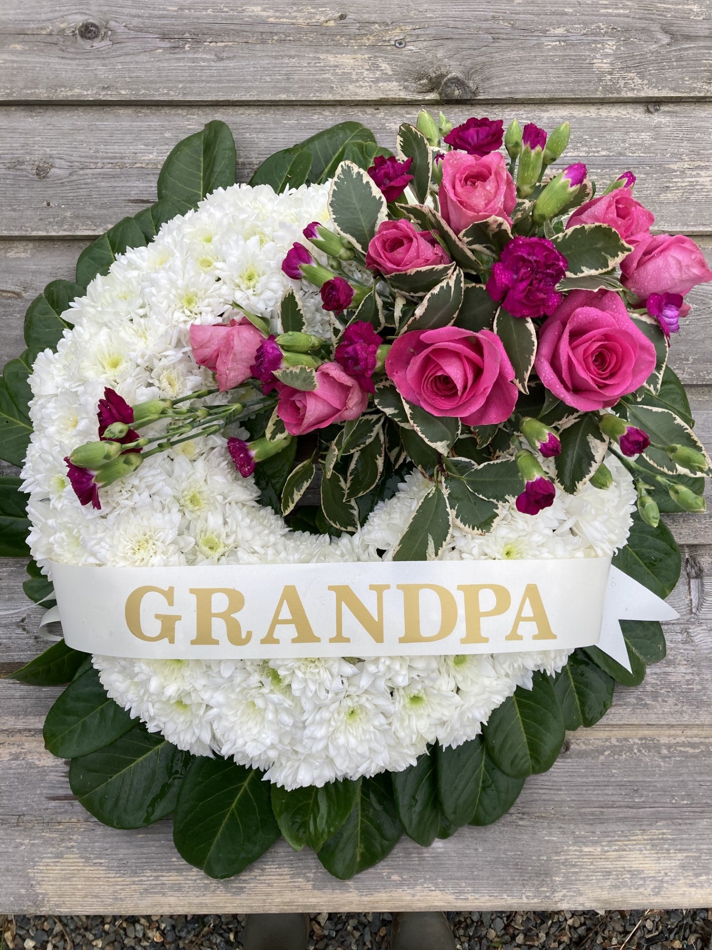 Round Wreath Funeral Tribute - Personalised white base with flower spray