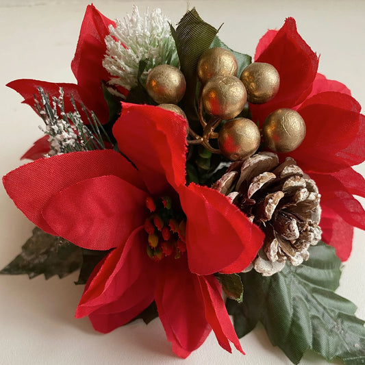Red Silk Poinsettia flower Pine cone and gold berry Christmas Cake Topper