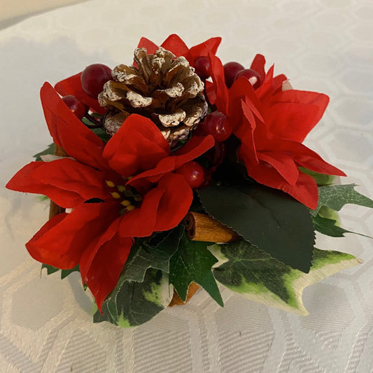 Red Poinsettia and pine cone Christmas Table Decoration
