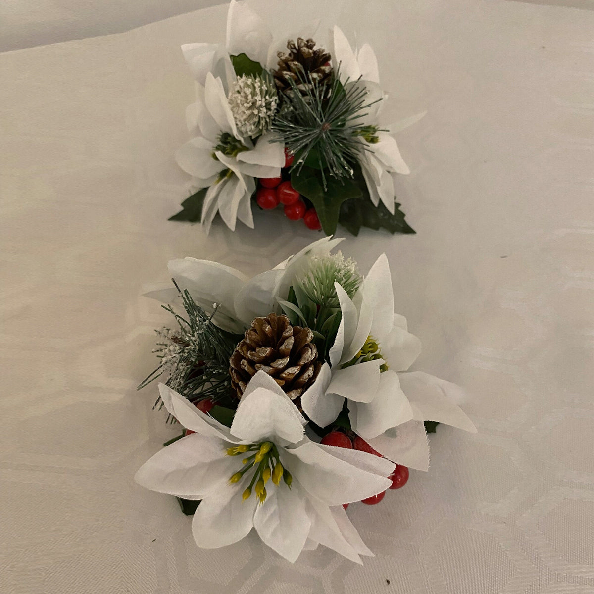 White Silk Poinsettia Pine Cone and red berry Christmas Cake Topper Decoration