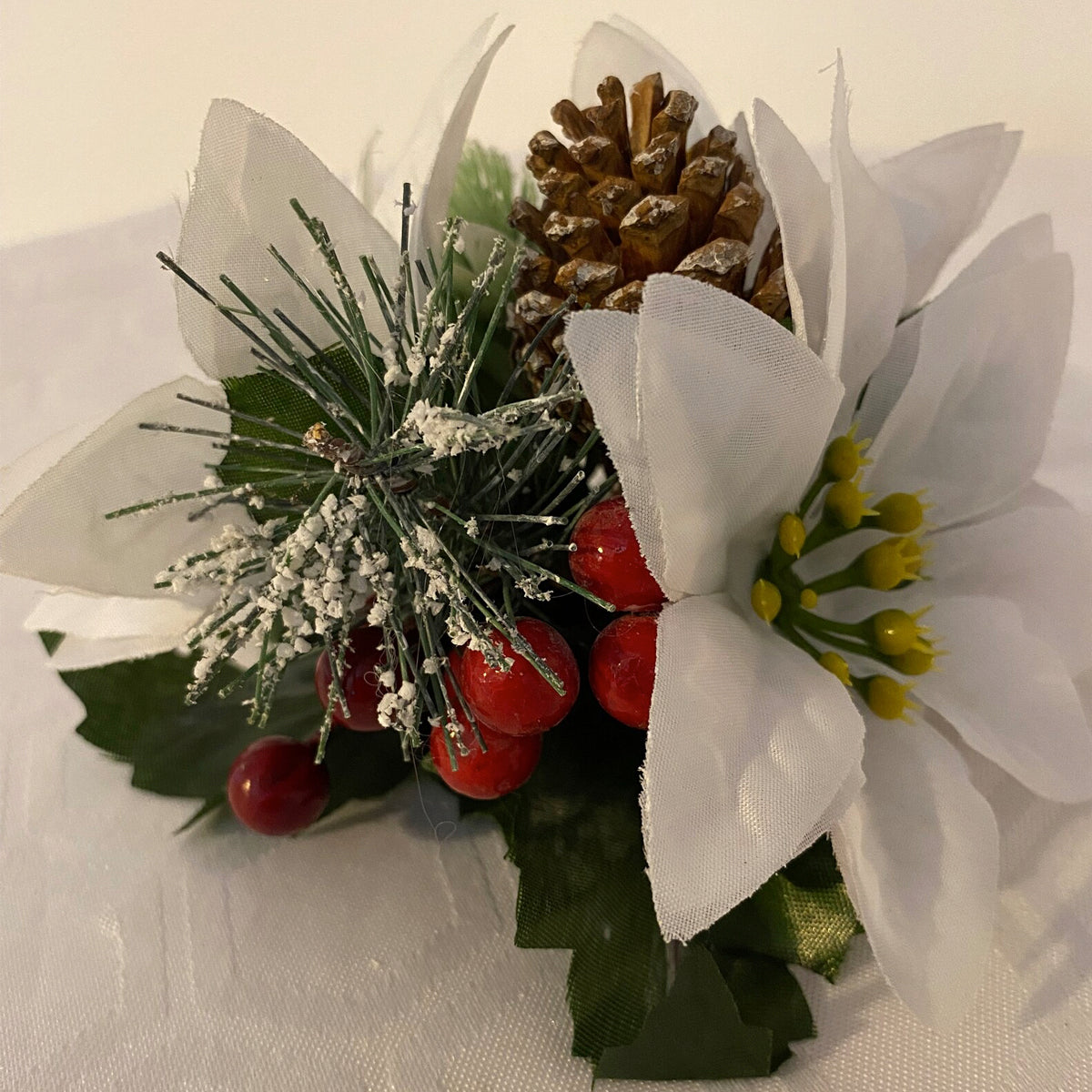 White Silk Poinsettia Pine Cone and red berry Christmas Cake Topper Decoration