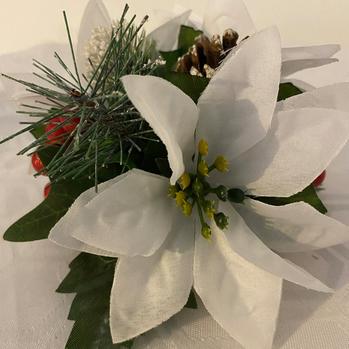 White Silk Poinsettia Pine Cone and red berry Christmas Cake Topper Decoration