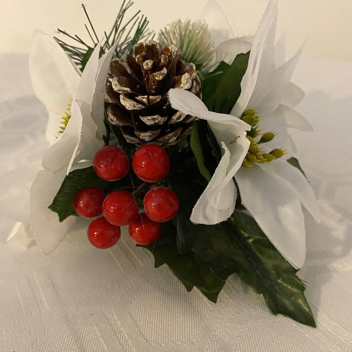White Silk Poinsettia Pine Cone and red berry Christmas Cake Topper Decoration