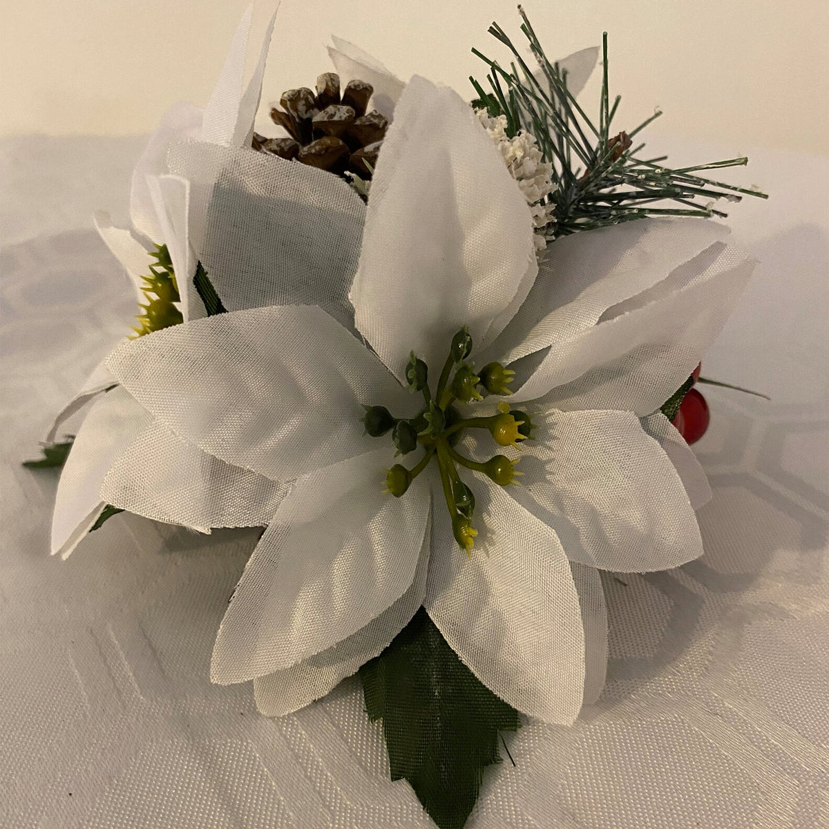 White Silk Poinsettia Pine Cone and red berry Christmas Cake Topper Decoration