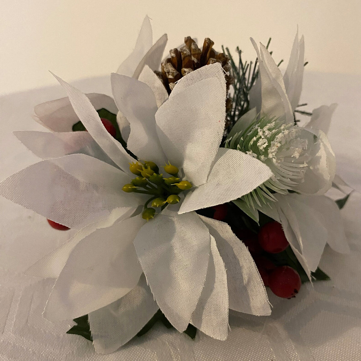 White Silk Poinsettia Pine Cone and red berry Christmas Cake Topper Decoration