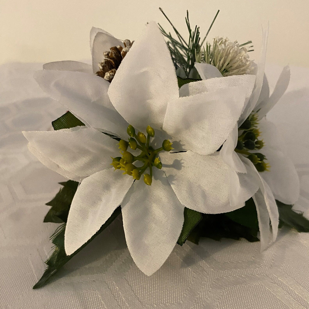 White Silk Poinsettia Pine Cone and red berry Christmas Cake Topper Decoration