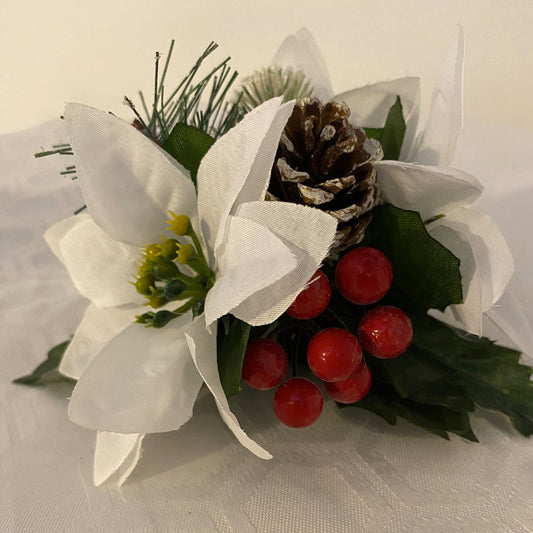 White Silk Poinsettia Pine Cone and red berry Christmas Cake Topper Decoration