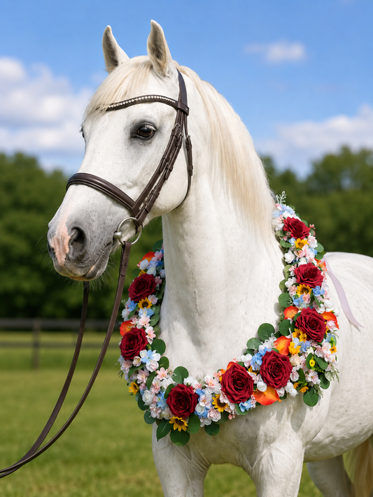 Horse Floral Neck Garland. Equine silk flowers for weddings, shows, photoshoots. As these are hand made to order please allow at least 14 days prior to your event to avoid disappointment.