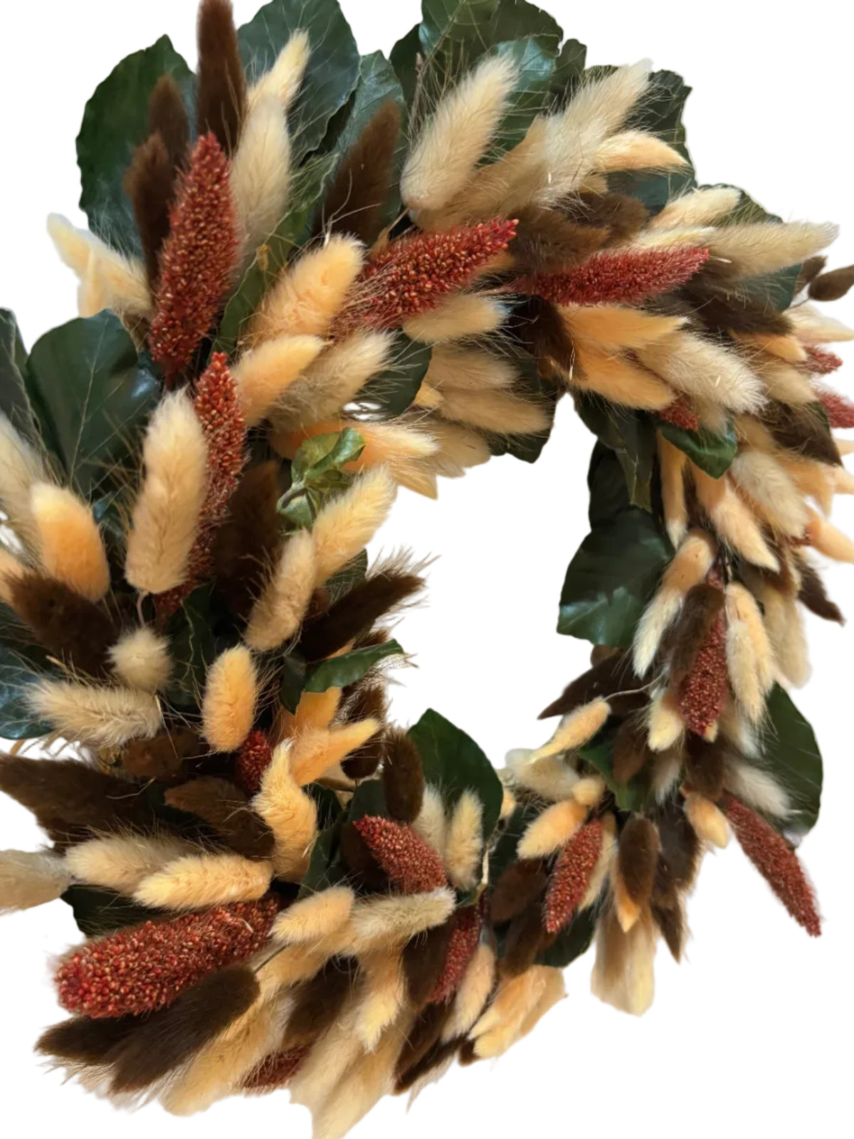 A decorative artificial wreath made of rich green beech leaves, fluffy cream, peach and brown bunny tails, and textured reddish-brown millet seed spikes, hanging against a white wall.