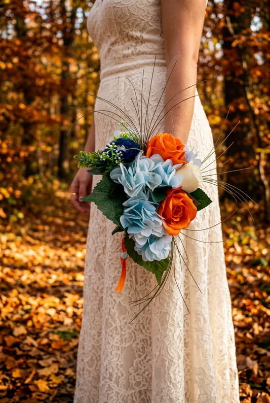 Blue hydrangeas and asters with orange roses bouquet