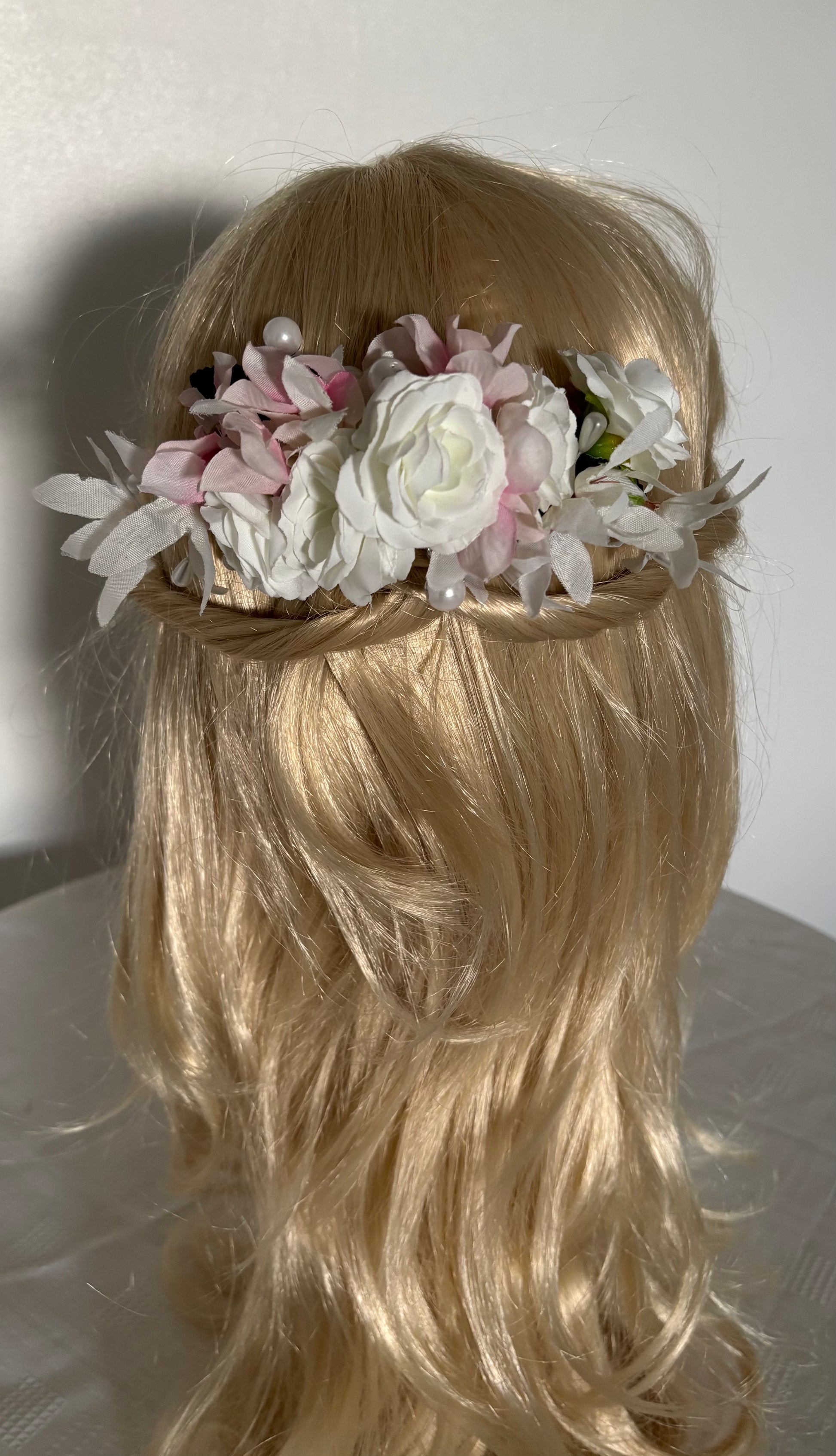 Silk flower pink and white hair comb