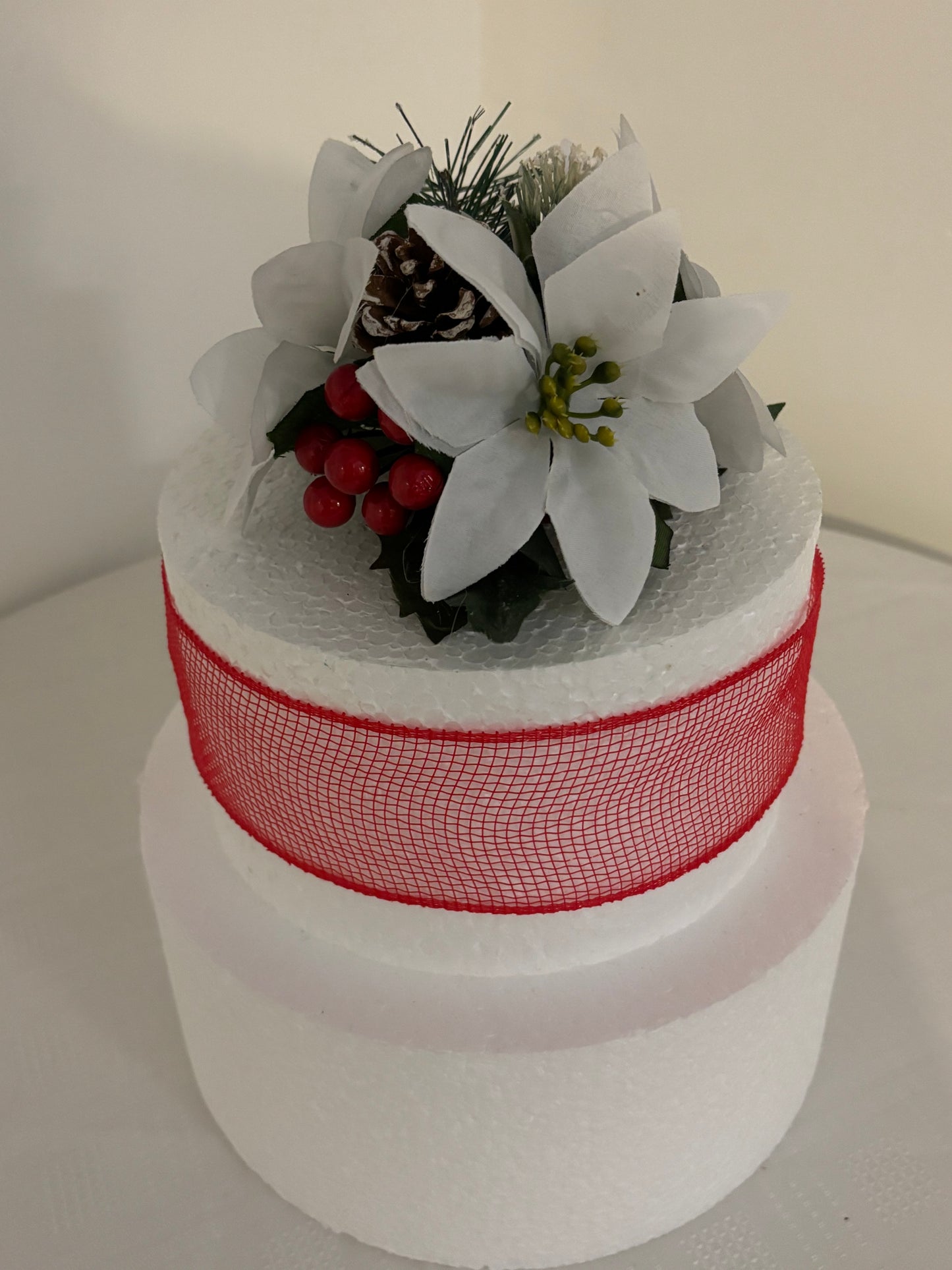 White Silk Poinsettia Pine Cone and red berry Christmas Cake Topper Decoration