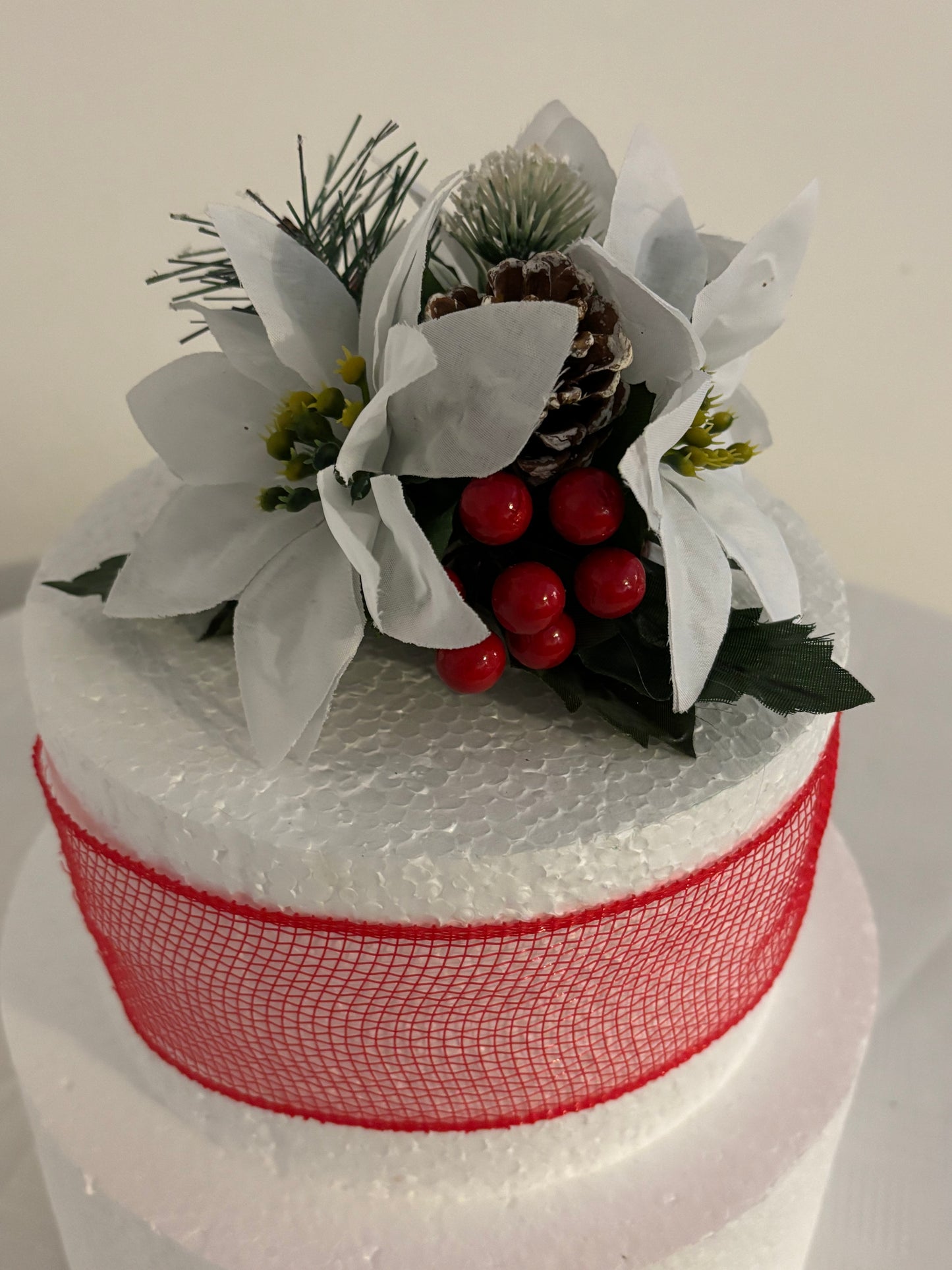 White Silk Poinsettia Pine Cone and red berry Christmas Cake Topper Decoration