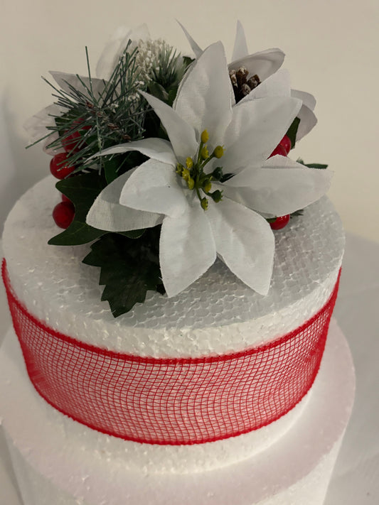 White Silk Poinsettia Pine Cone and red berry Christmas Cake Topper Decoration