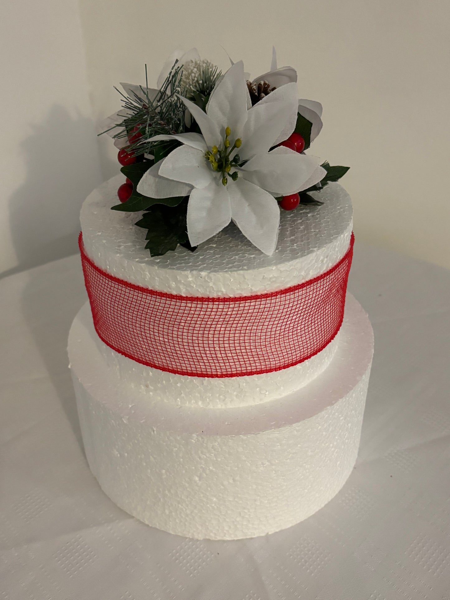 White Silk Poinsettia Pine Cone and red berry Christmas Cake Topper Decoration