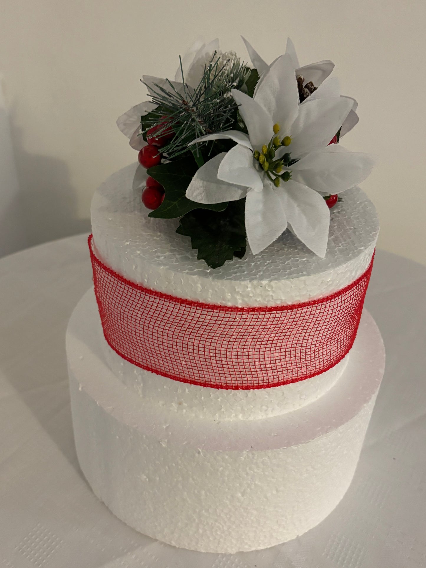 White Silk Poinsettia Pine Cone and red berry Christmas Cake Topper Decoration