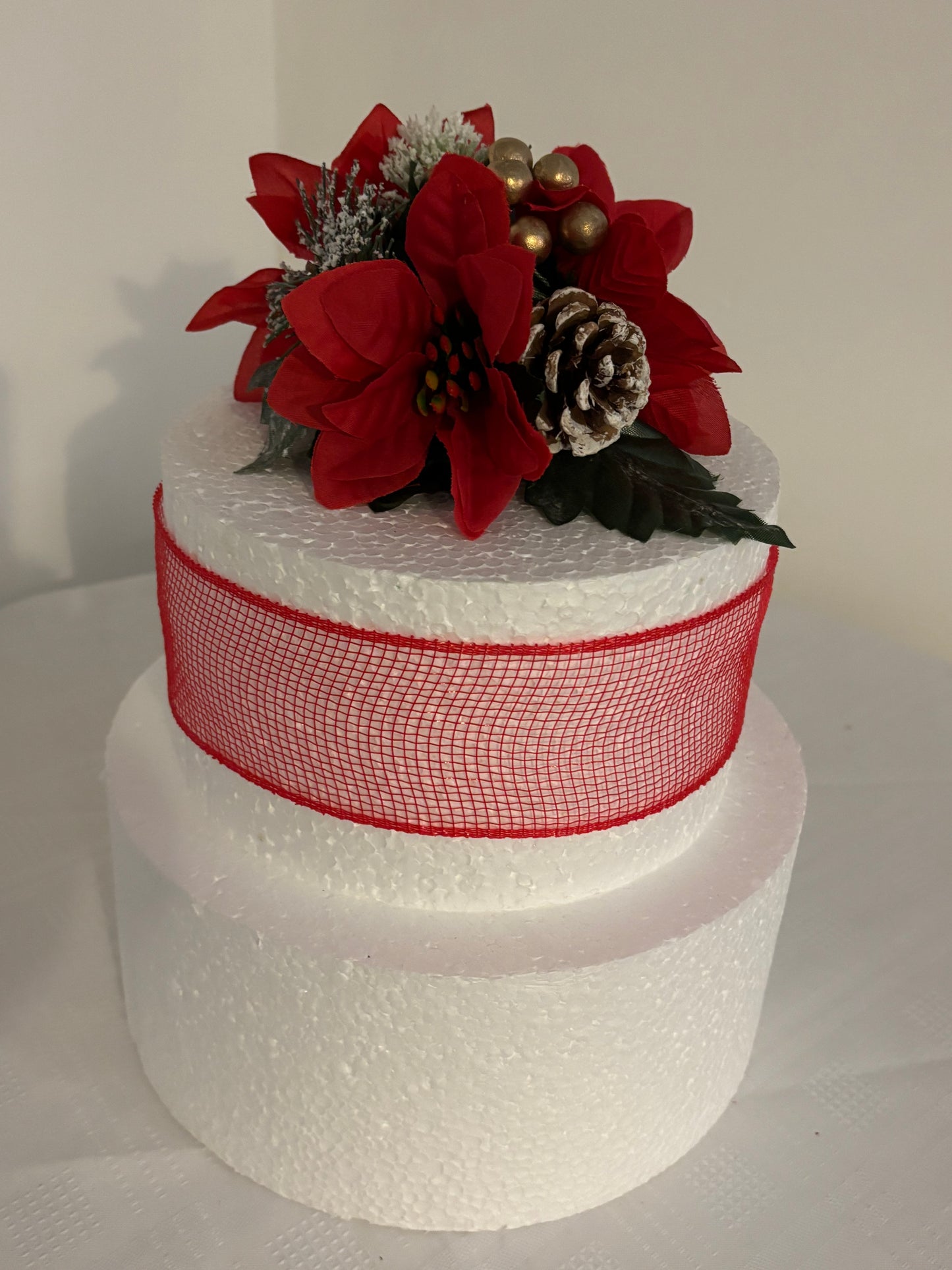 Red Silk Poinsettia flower Pine cone and gold berry Christmas Cake Topper