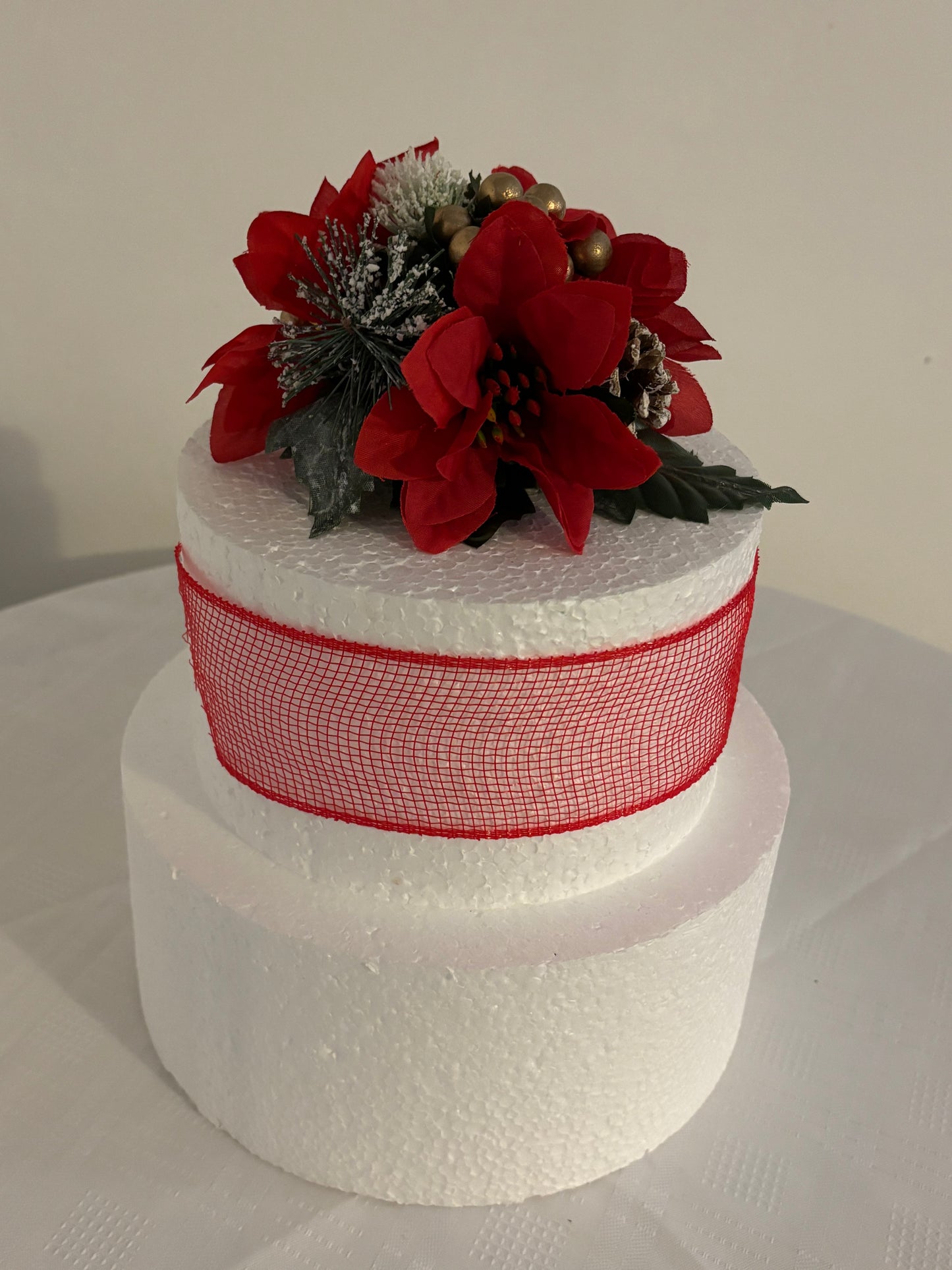 Red Silk Poinsettia flower Pine cone and gold berry Christmas Cake Topper