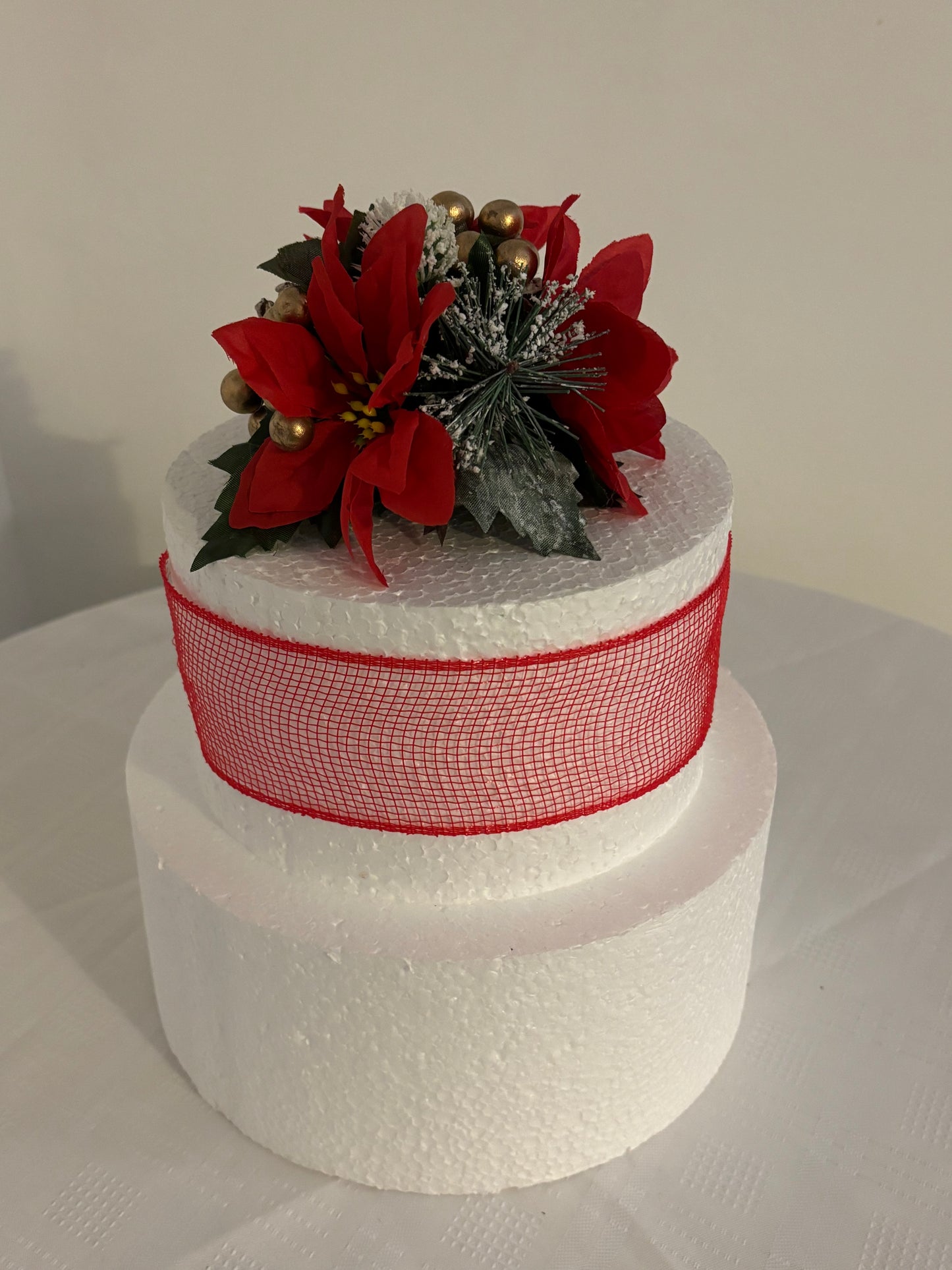 Red Silk Poinsettia flower Pine cone and gold berry Christmas Cake Topper