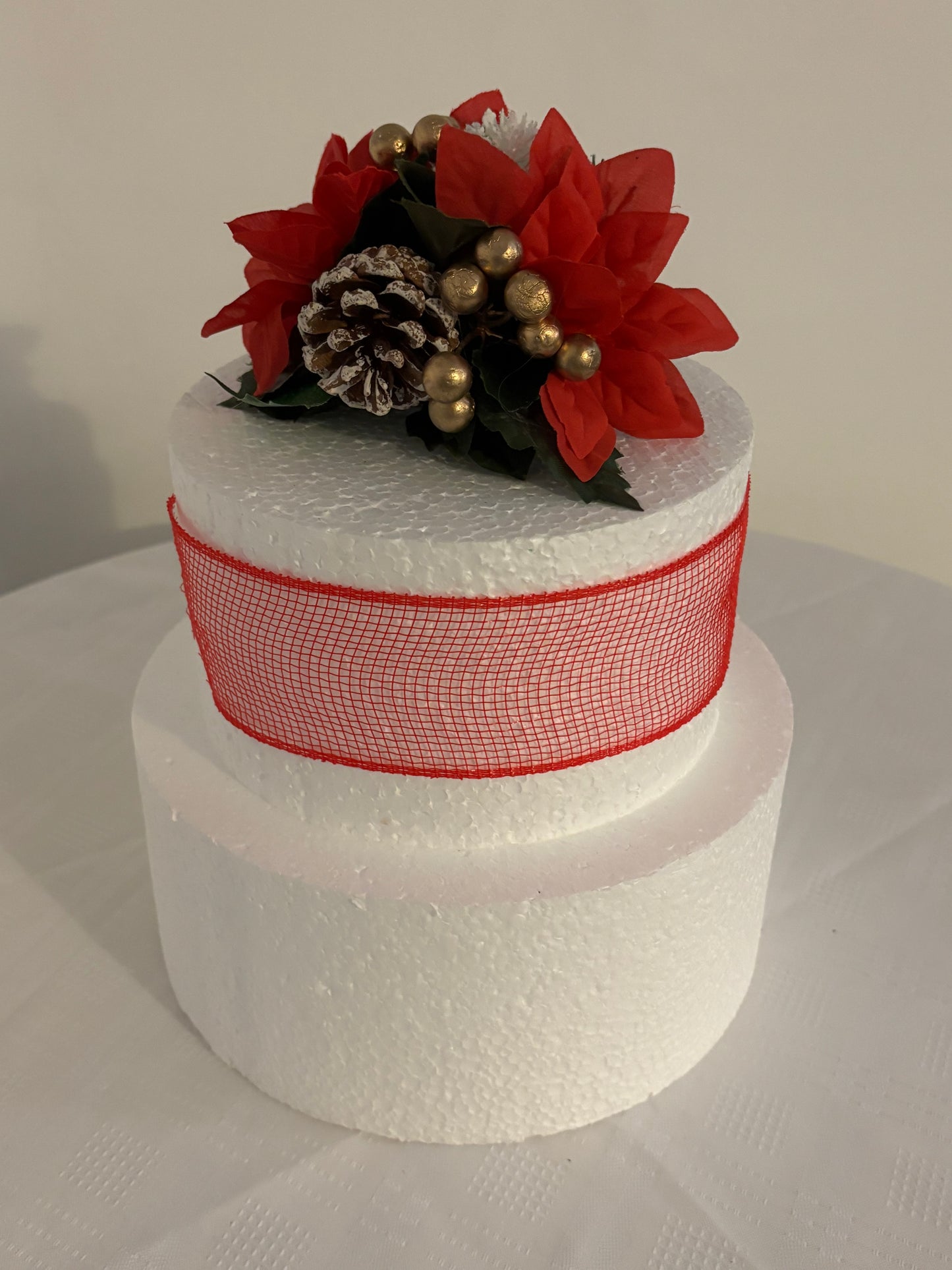 Red Silk Poinsettia flower Pine cone and gold berry Christmas Cake Topper