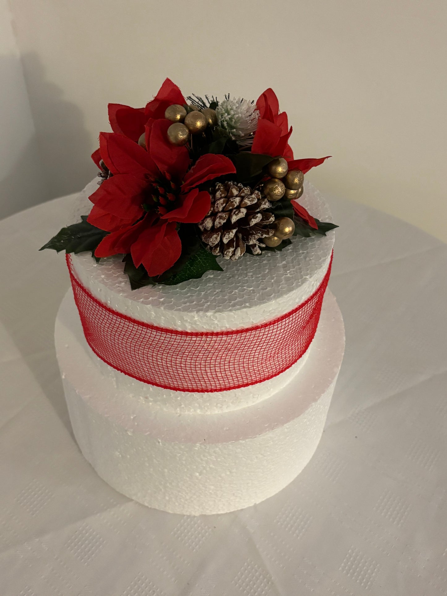 Red Silk Poinsettia flower Pine cone and gold berry Christmas Cake Topper