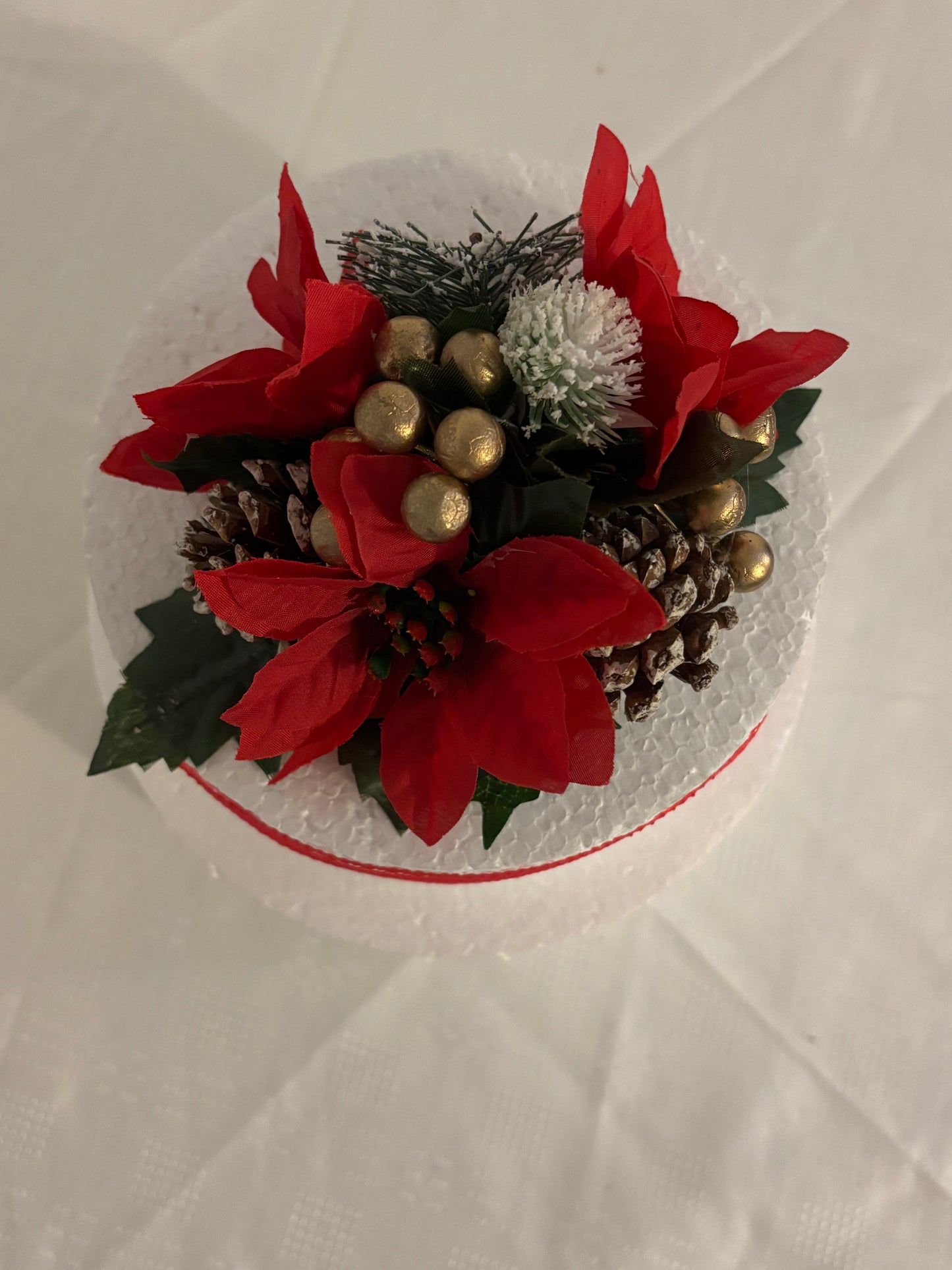 Red Silk Poinsettia flower Pine cone and gold berry Christmas Cake Topper