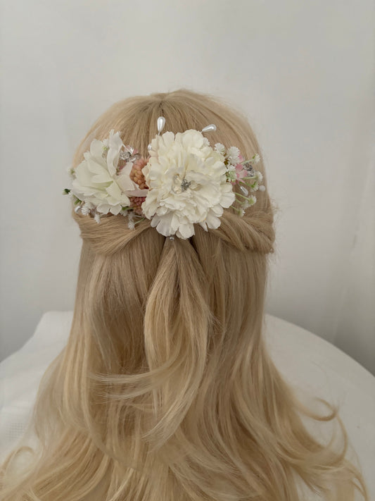 Hair Comb flower accessory. White with hint of pink Wedding silk flower hair comb.