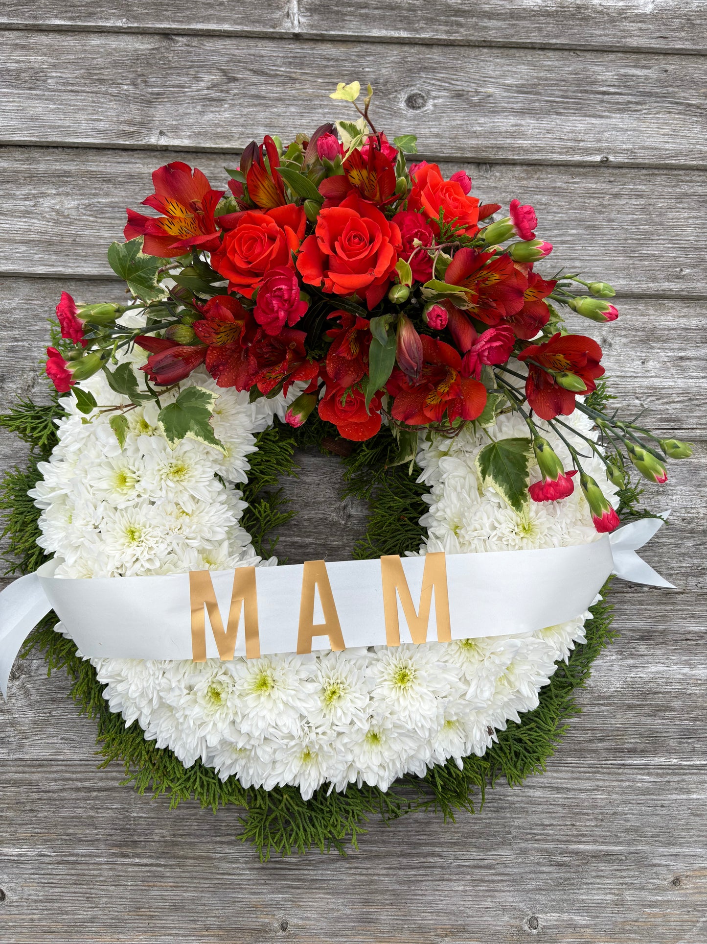 Round Wreath Funeral Tribute  - Personalised white base with flower spray