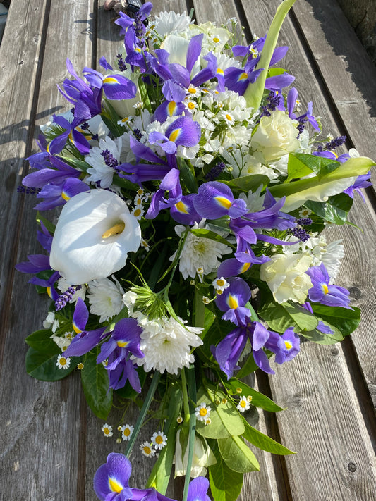 Casket Funeral Tribute double ended arrangement. Blue and white