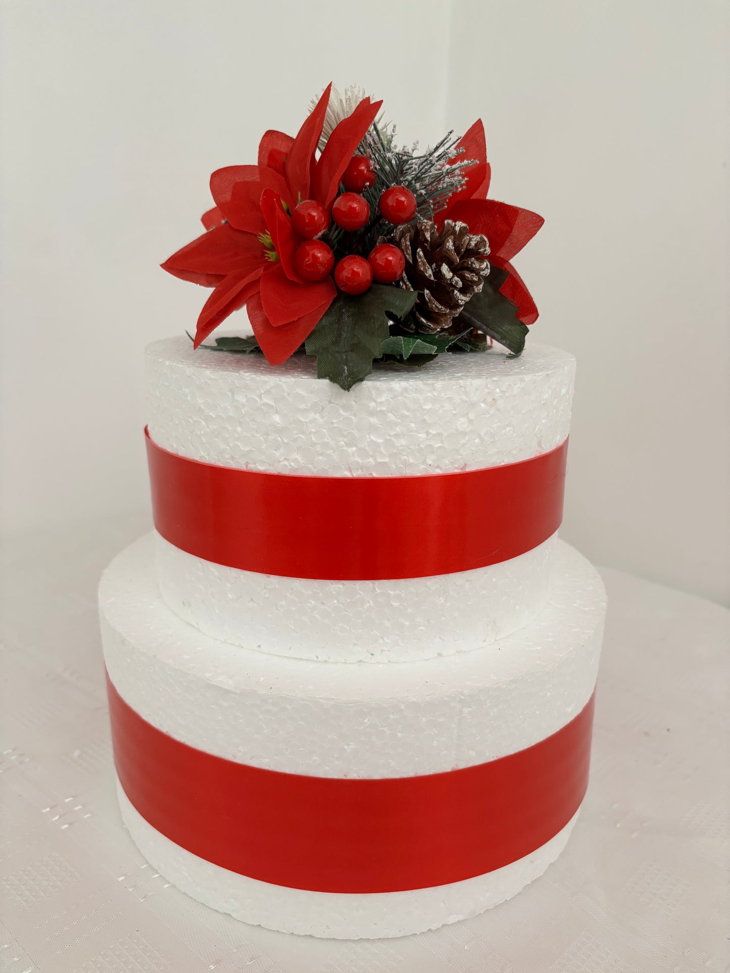 Red Silk Poinsettia flower Pine cone and berry Christmas Cake Topper
