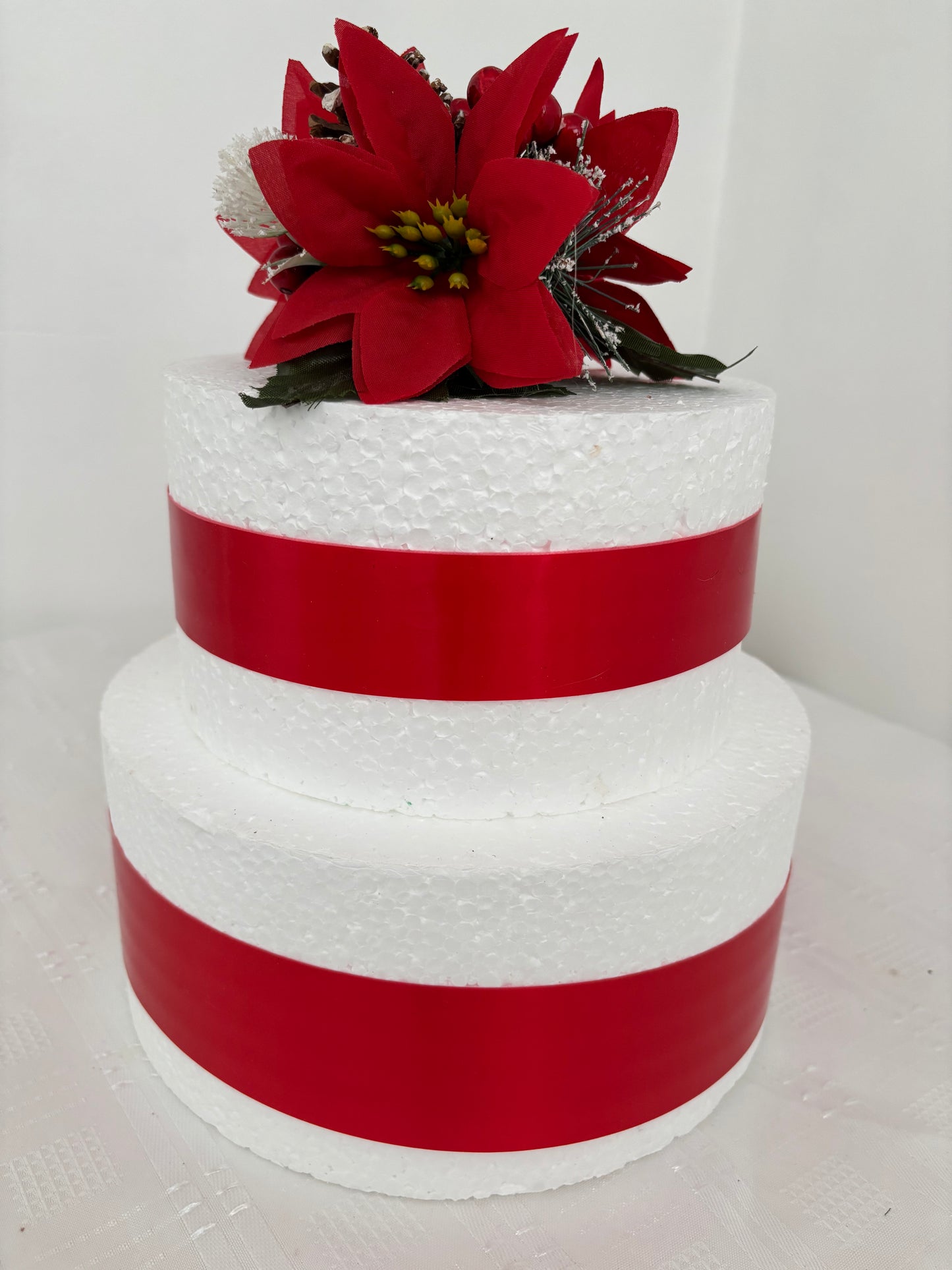Red Silk Poinsettia flower Pine cone and berry Christmas Cake Topper