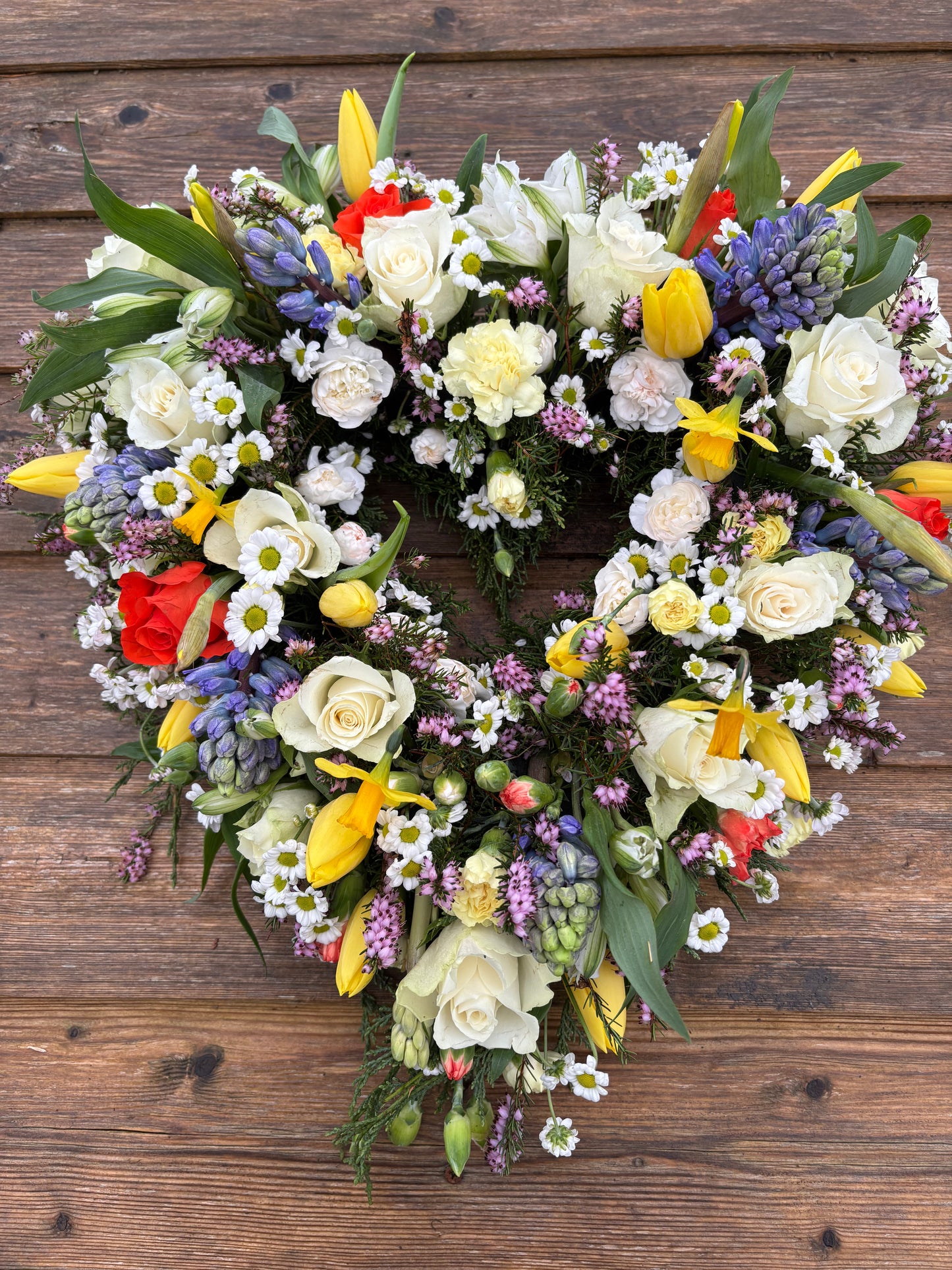 Open heart mixed flower Wreath Funeral Tribute  - mixed colour flowers.