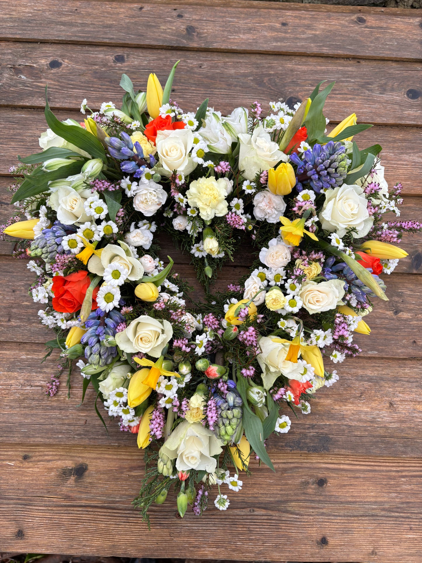 Open heart mixed flower Wreath Funeral Tribute  - mixed colour flowers.
