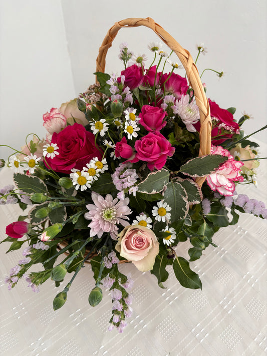 Basket of flowers in Shades of Pink.