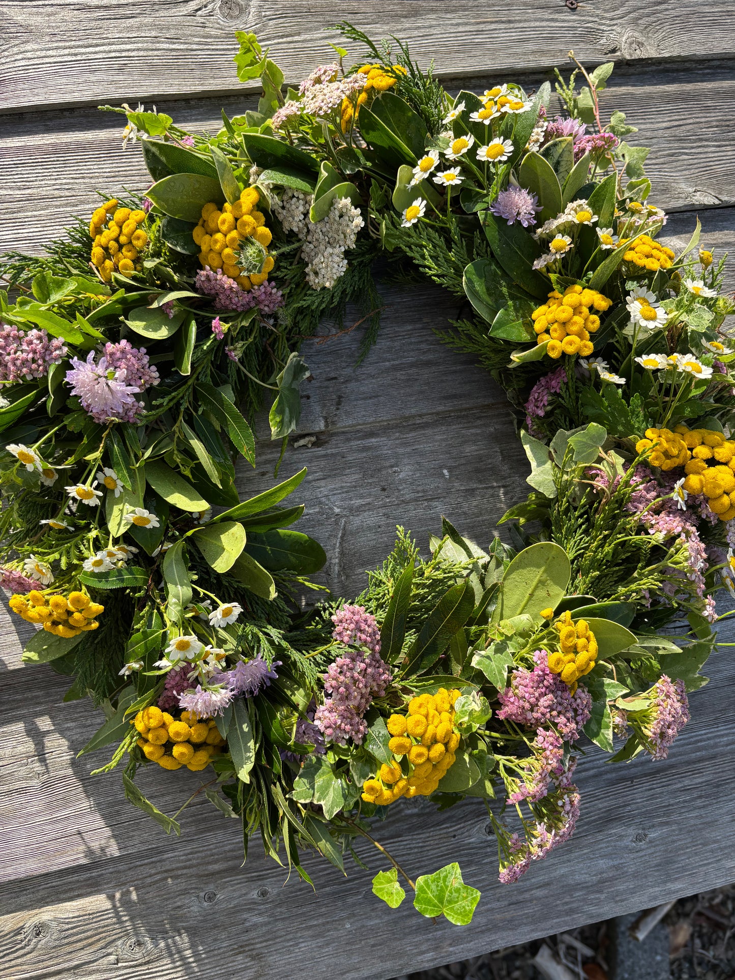 Biodegradable Round Wreath of open mixed greenery and flowers ideal for a natural burial