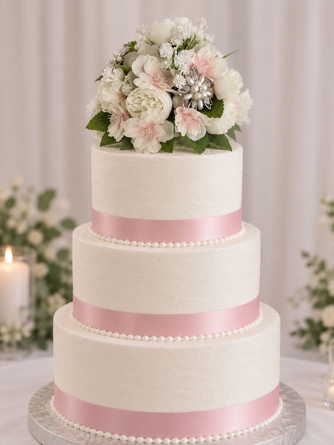 Cake topper. Silk ivory peonies, pale pink blossoms and gypsophila with pretty diamantés. Cake decoration.