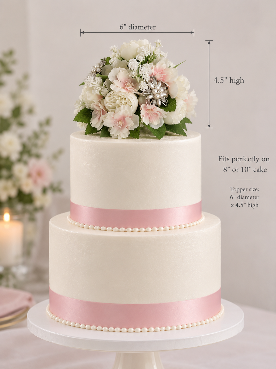 Cake topper. Silk ivory peonies, pale pink blossoms and gypsophila with pretty diamantés. Cake decoration.