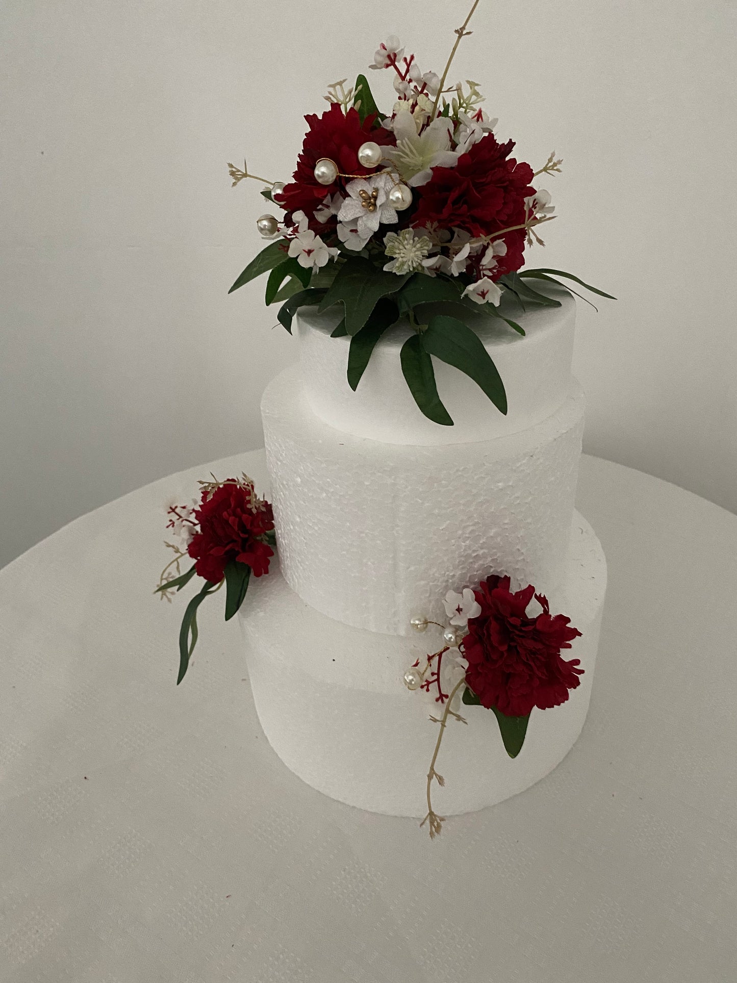 Cake Decoration. Silk flowers cake decoration set. Red Carnations and pearl decoration