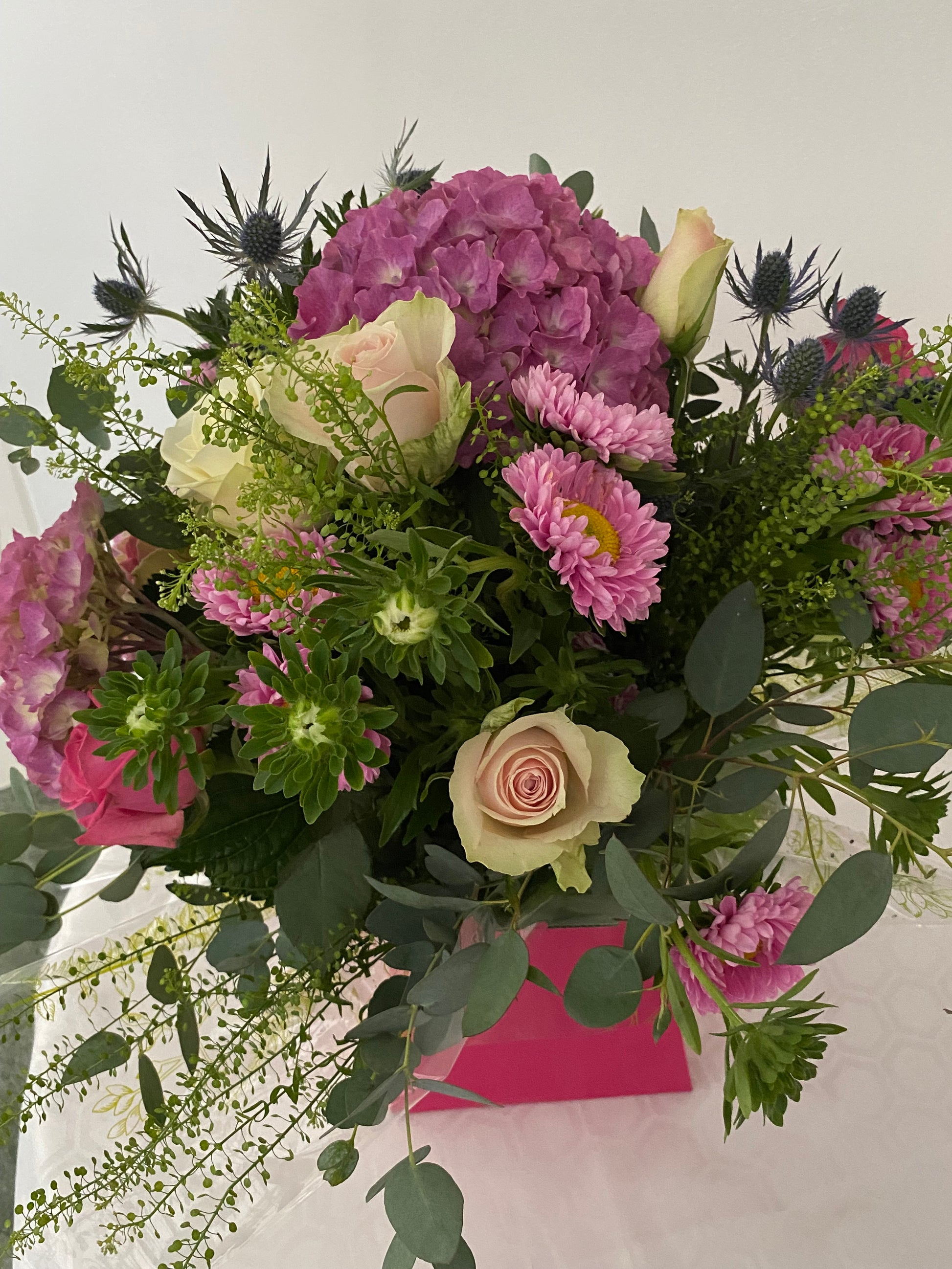 The Solva Garden.  Hand Tied Bouquet of fresh flowers in Shades of Pink.